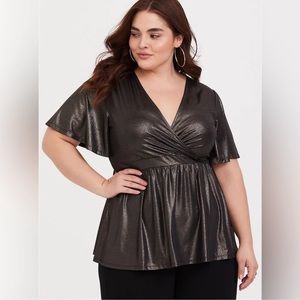✨Torrid Black Metallic Top Size 3 Plus, 3X Flutter Sleeve Babydoll Peplum Shirt